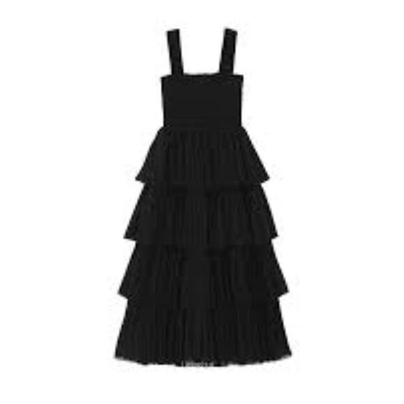 GANNI Pleated Georgette Flounce Smock Midi Dress Black Womens Size 32 New - Picture 14 of 16
